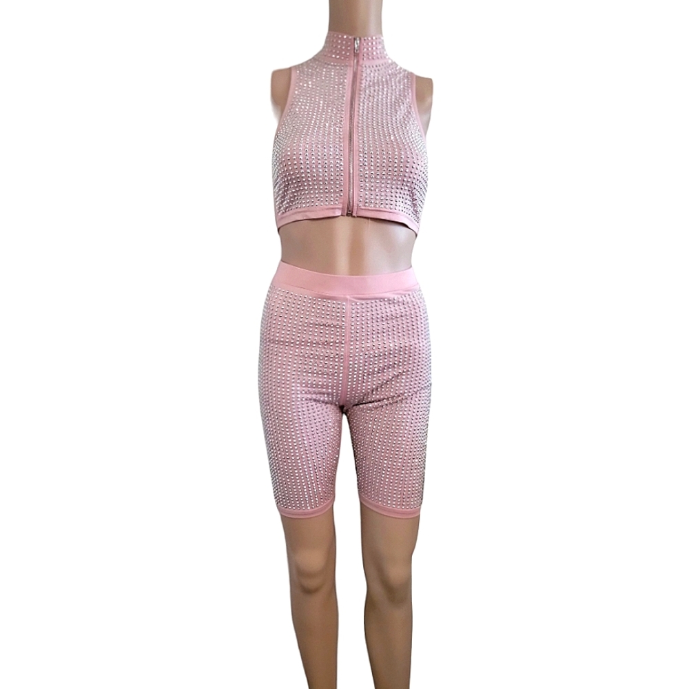 2 piece set includes silver studded short sleeve crop top + shorts (Nwot)